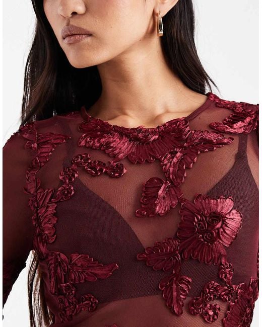 ASOS Red Mesh Embroide Floral Long Sleeve Top
