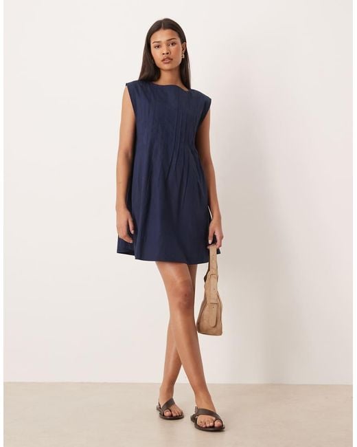 ASOS Blue Slash Neck Mini Dress With Pintucks