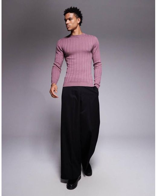 ASOS Purple Muscle Fit Long Sleeve Knitted Rib T-Shirt for men