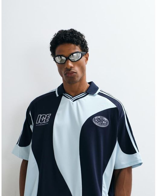 CERNUCCI Blue V-neck Collar Panel Logo Soccer Jersey for men