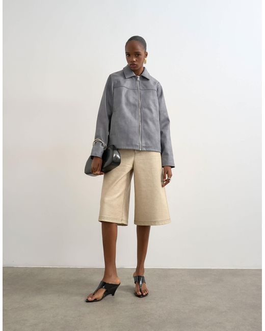 TOPSHOP Blue Leather Look Cf Zip Jacket