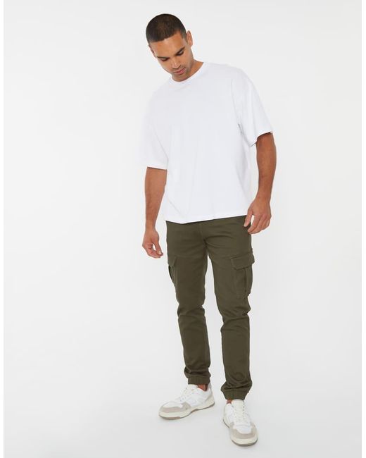 Threadbare Green Cotton Blend Cuffed Cargo Pocket Trousers for men