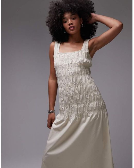 ARKET Gray Cotton Rich Midi Dress With Smocked Bodice And Drop Waist