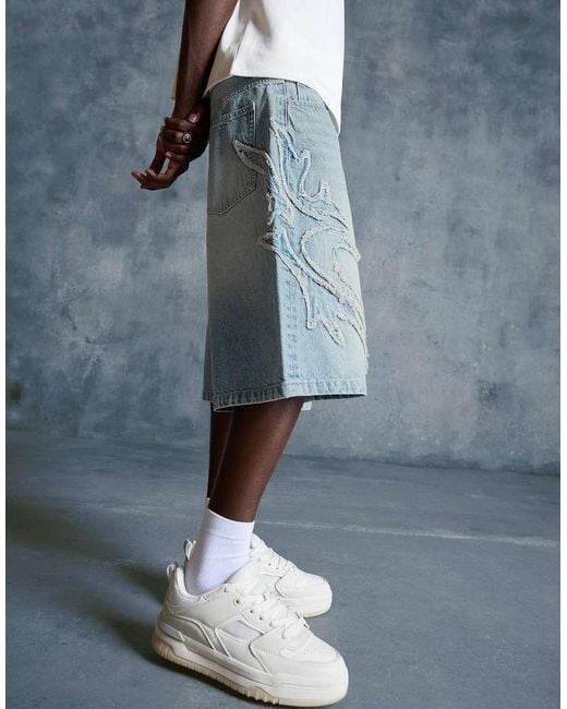Bershka Blue baggy Bermuda Shorts With Patch for men
