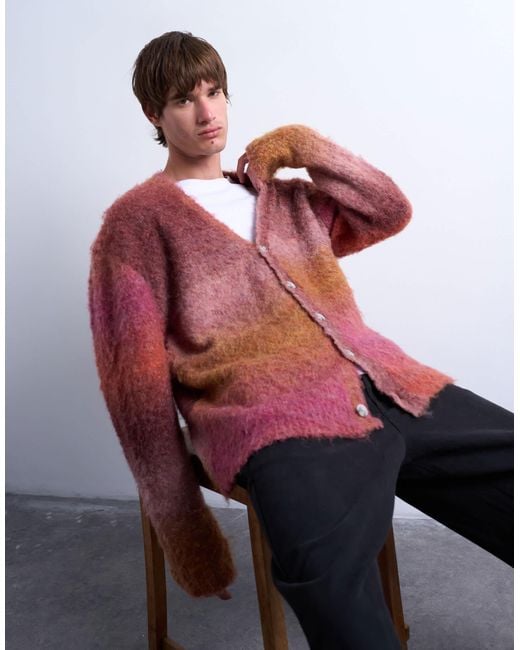 Topman Pink Fluffy Knitted Crew Cardigan for men