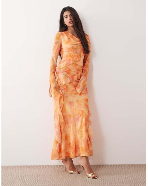 DASKA Orange Chiffon High Cowl Neck Frill Detail Maxi Dress