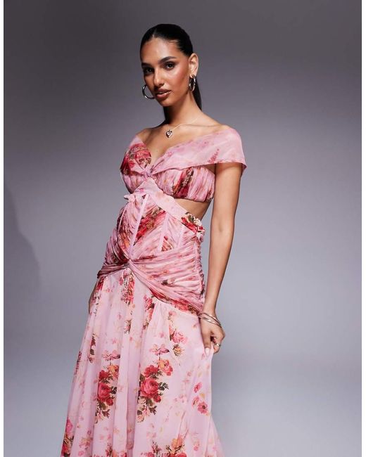 ASOS Pink Printed Organza And Chiffon Maxi Dress