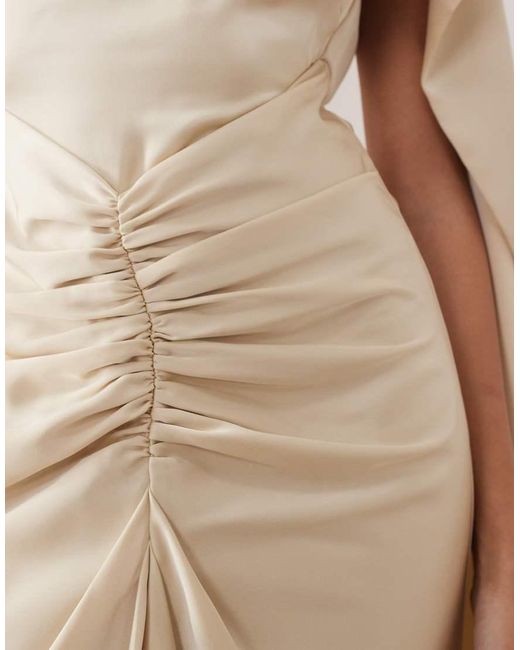 ARRANGE Natural Pleated Waist High-neck Back-drape Satin Maxi Dress