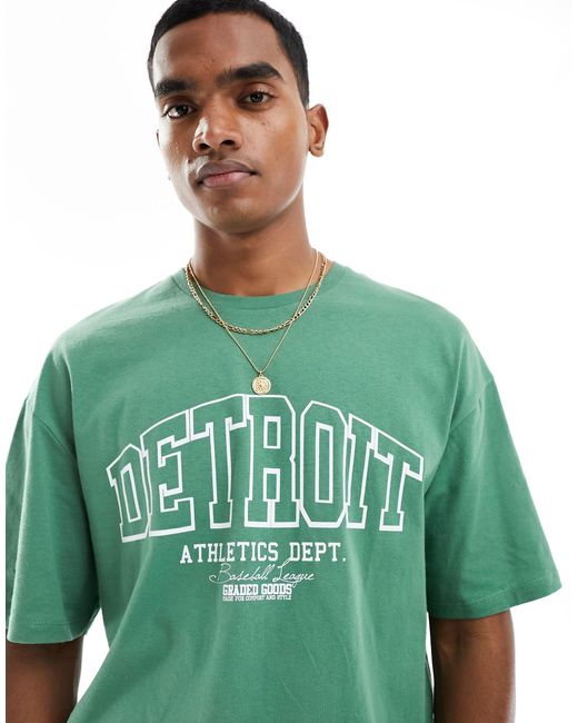 Jack & Jones Green Oversized Detroit Print T-shirt for men