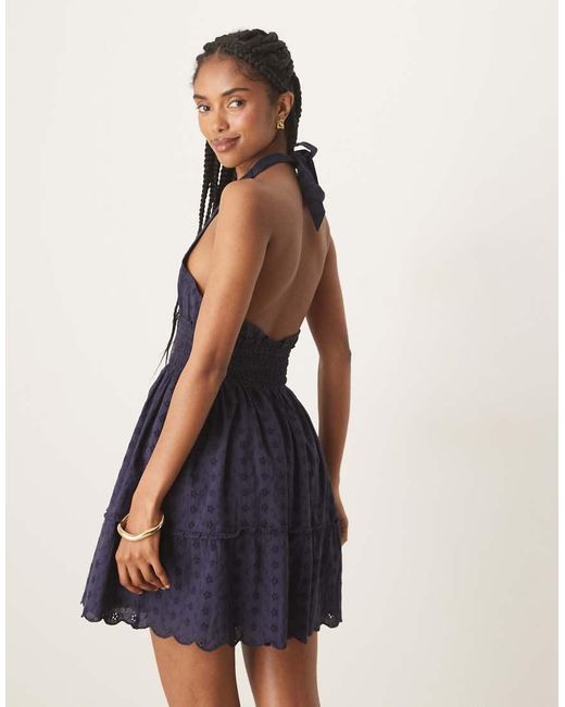Iisla & Bird Blue Halterneck Broderie Mini Beach Dress