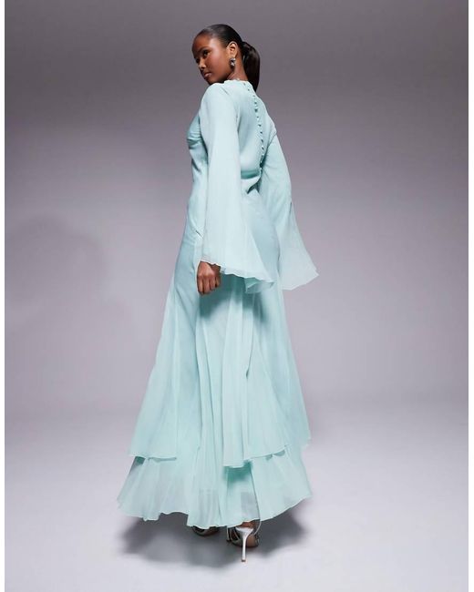 ASOS Blue Long Sleeve High Neck Maxi Dress With Ruffle Godets And Flute Sleeves