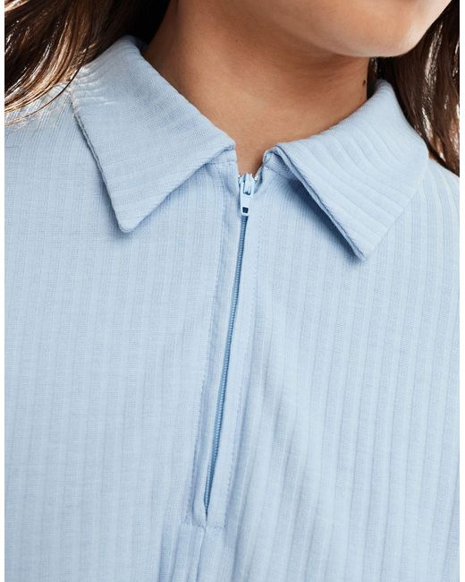 ONLY Blue Half Zip Ribbed Polo Top