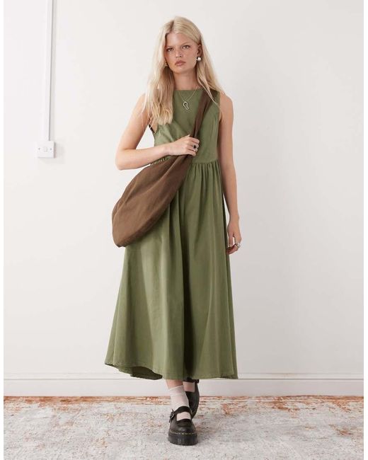Reclaimed Vintage Green Tie Back Denim Midi Dress