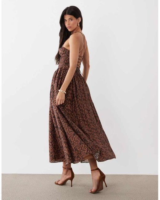 Bardot Brown Estie Sweetheart Neck Gathered Hip Strappy Lace Up Back Detail Printed Maxi Dress