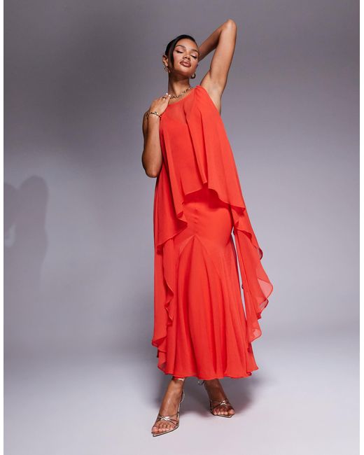ASOS Plunge Bias Maxi Dress With Chiffon Overlay And Godet in Red | Lyst