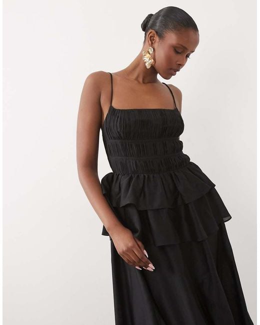ASOS Black Pleated Bodice Maxi Dress With Tiered Waist