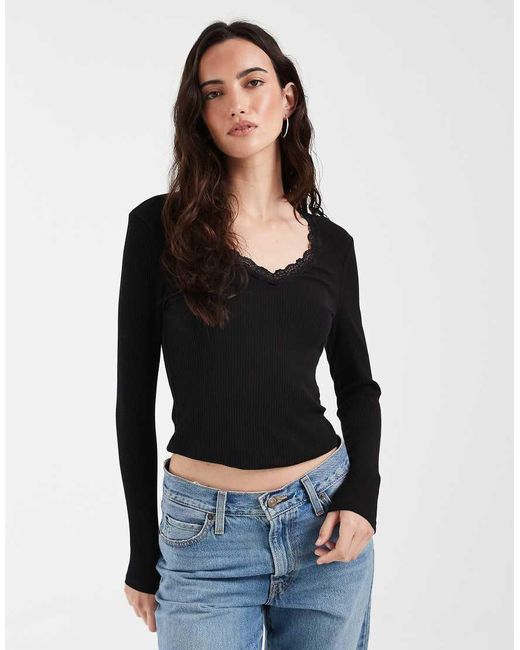 ONLY Black V Neck Long Sleeve Top With Lace Detail