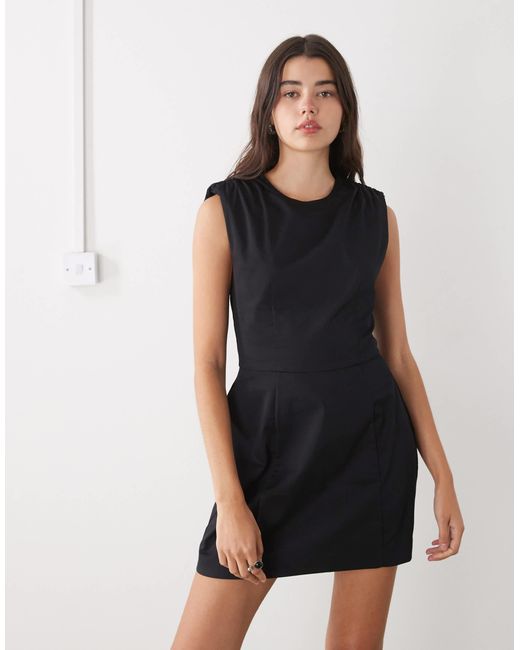 Monki Women's Black Shoulder Pad Cinched Waist Volume Skirt Mini Dress