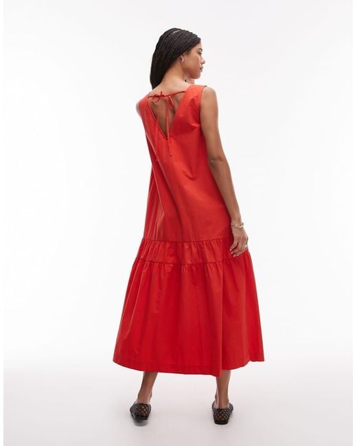 TOPSHOP Midaxi Jurk Van Zware Popeline Met Verlaagde Taille in het Red