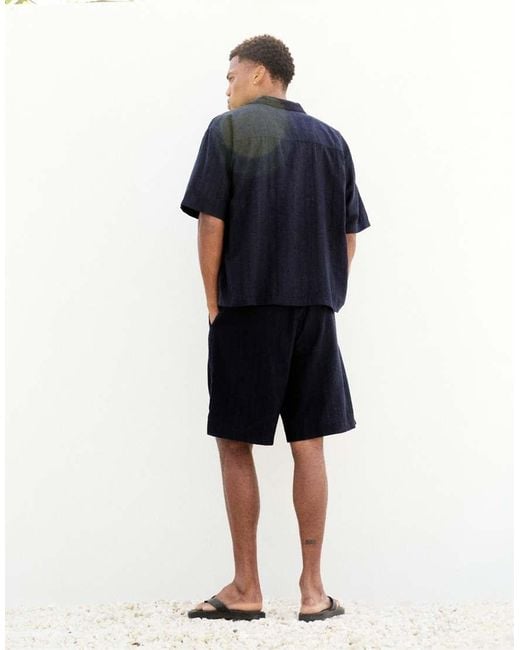 Pull&Bear Blue Linen Blend Textured Bermuda for men