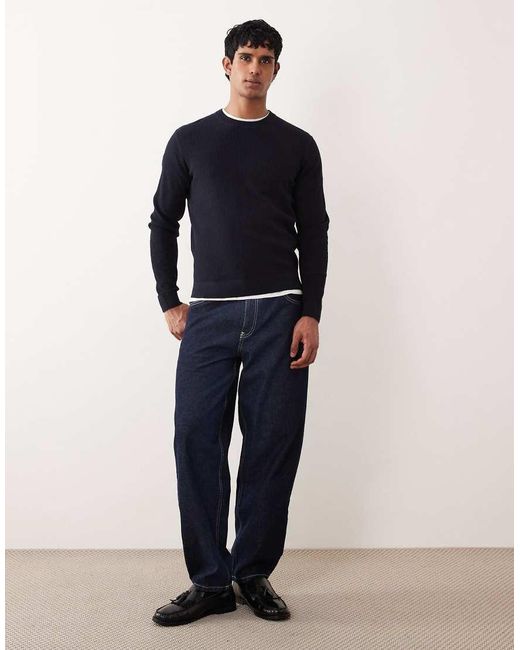 Mango Blue Cotton Mix Crew Neck Jumper for men