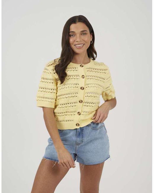 Brave Soul Yellow Short Sleeve Pointelle Knit Crew Neck Cardigan