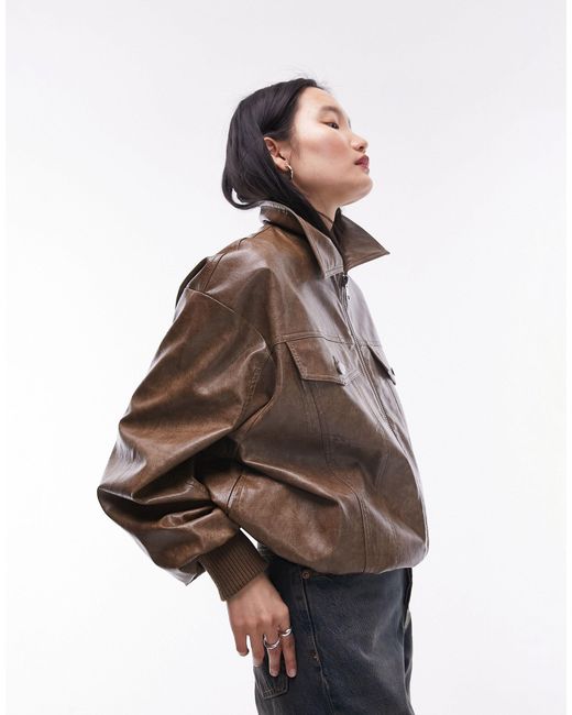 TOPSHOP Brown Faux Leather Bomber Jacket