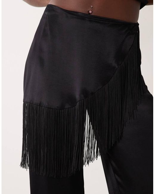 ASOS Black Satin Wide Leg Wrap Fringe Trouser