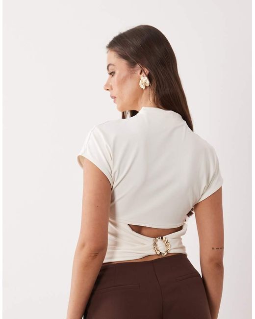 ASOS White Polyamide High Neck Cap Sleeve Hardware Back Top