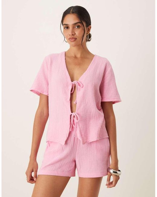 Jdy Pink Short Sleeve Tie Front Cheesecloth Shirt Co-ord