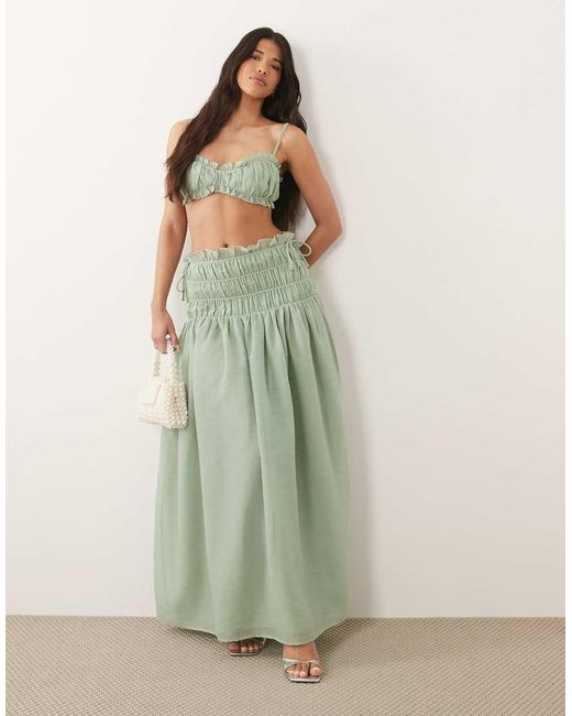Wanderdoll Green Soulie Linen Look Ruched Tie Back Bralette Crop Top Co-ord