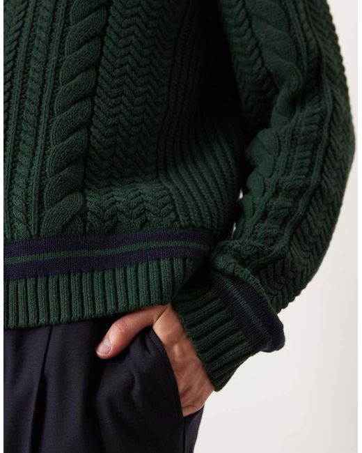 Abercrombie & Fitch Green Long Sleeve V Neck Stripe Detail Cable Knit Jumper for men