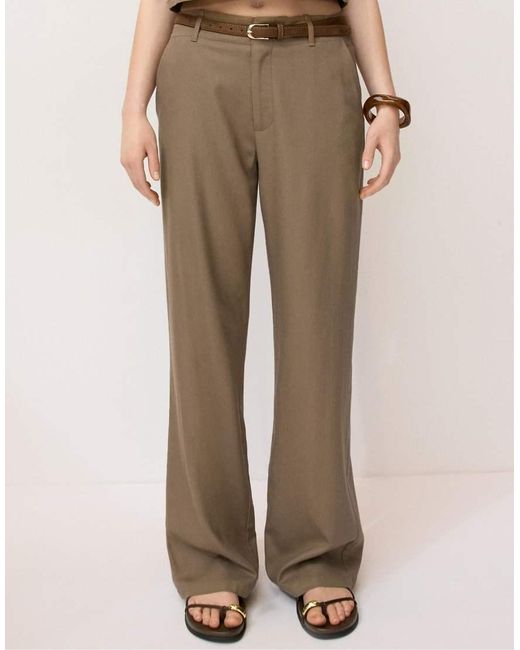 Stradivarius Brown Straight-Leg Linen Mix Trousers With Belt