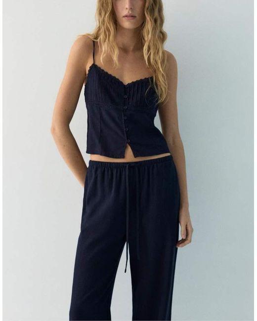 Pull&Bear Blue Flowing Viscose Linen Blend Trousers