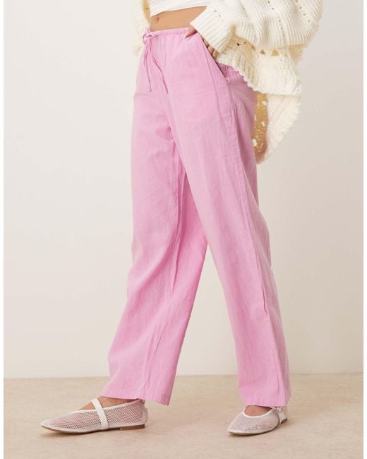 Gina Tricot Pink Wide Leg Linen Blend Trousers With Drawstring Waist