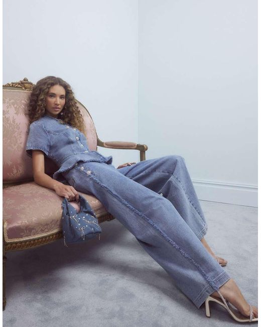 River Island Blue High Rise Palazzo Diamante Button Jeans
