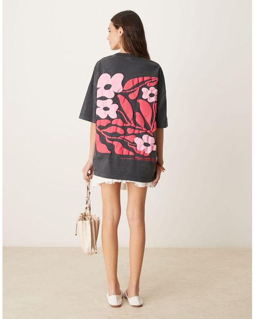 ASOS Oversized T-Shirt Met Roze Gebloemde Pofprint in het Red