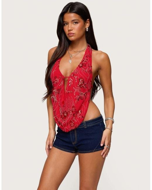 Edikted Red Beaded Chiffon Backless Cowl Neck Top