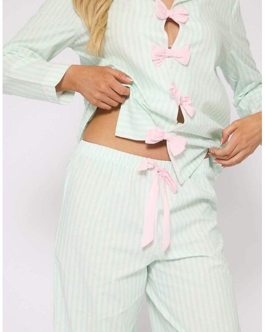 Loungeable White Striped Long Sleeved Traditional Pyjama Set With Bow Detail
