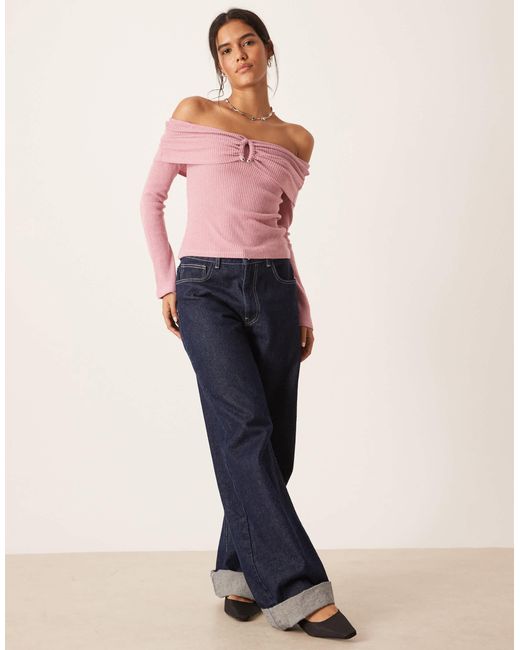 ASOS Pink Supersoft Brushed Rib Hardware Detail Off Shoulder Jumper