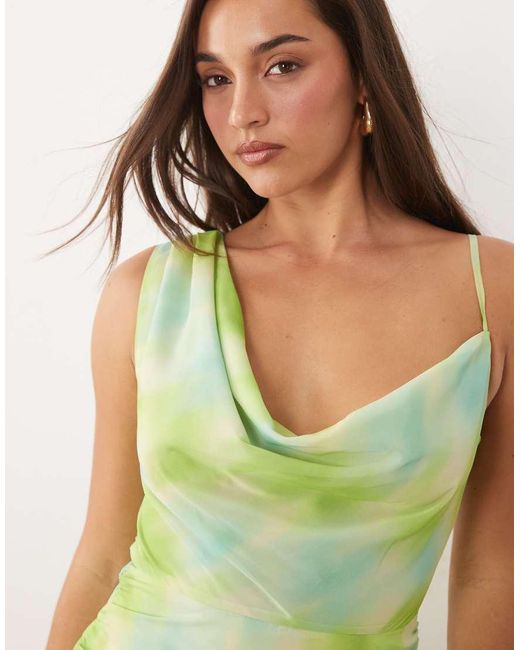 The Frolic Green Exclusive Chiffon Asymmetric Cowl Neck Mini Dress