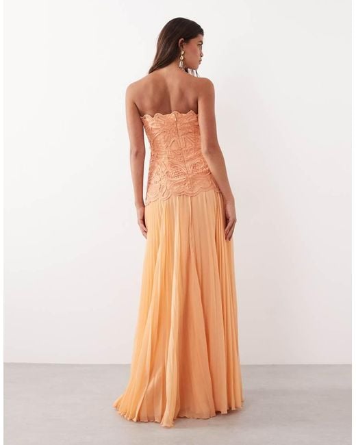 ARRANGE Orange Abstract Cutwork Bandeau Maxi Dress With Pleat Skirt