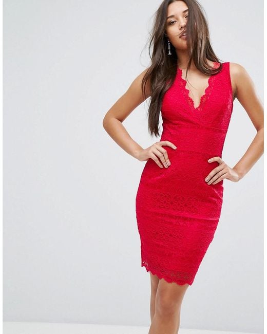 Lipsy Red Lace V Neck Bodycon Dress