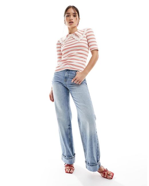 Top A Maniche Corte Bianco E Rosso A Righe A Coste Con Colletto Con Finiture All'Uncinetto di Pieces in Pink