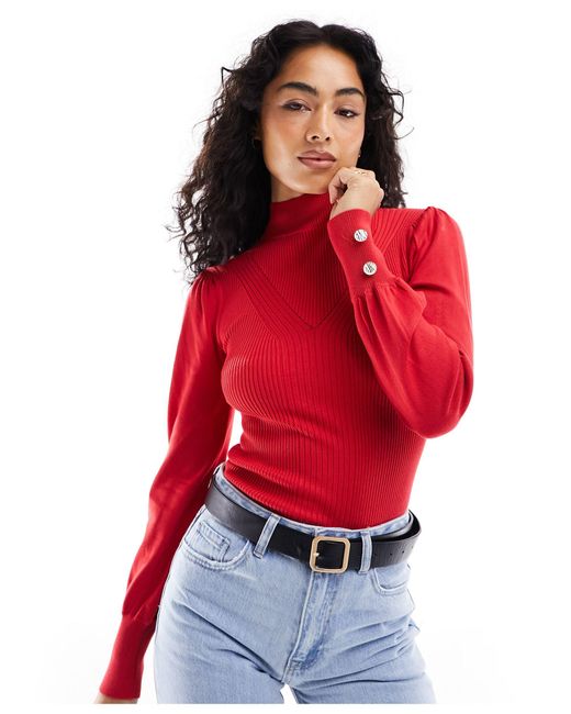 River Island Red Roll Neck Ribbed Top With Button Sleeve Detail