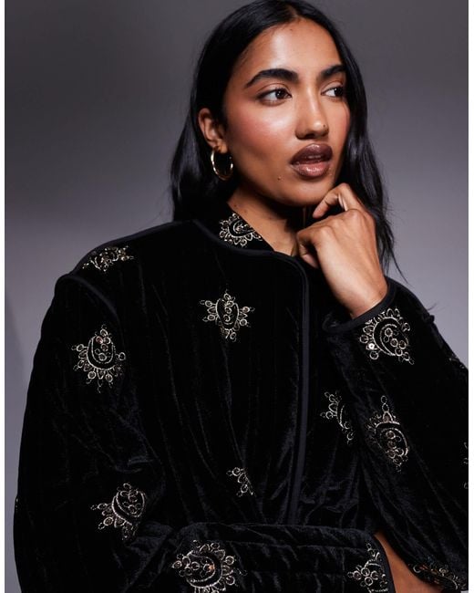ASOS Black Quilted Embroidered Velvet Jacket