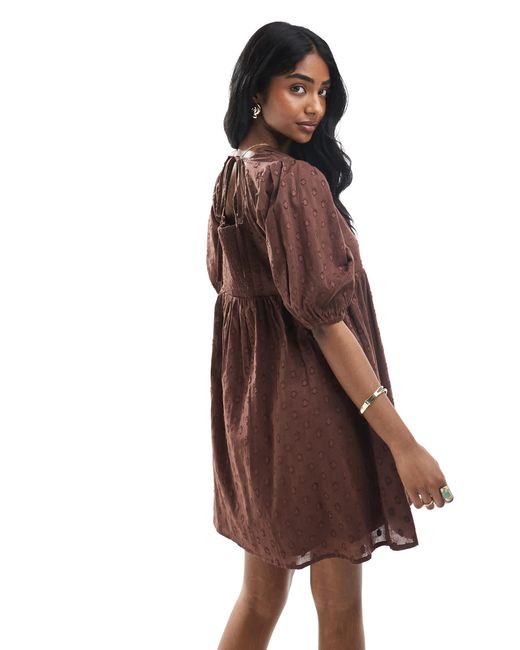 Wednesday's Girl Brown Puff Sleeve Dobby Smock Mini Dress