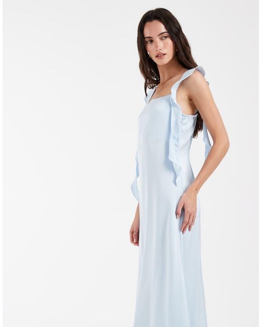 Vero Moda Blue Satin Cowl Neck Maxi Dress With Draping Frill Detail