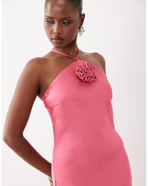 Y.A.S Pink Halter Neck Rosette Detail Satin Maxi Dress