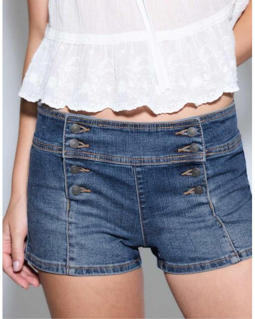 Stradivarius Blue Button Denim Shorts